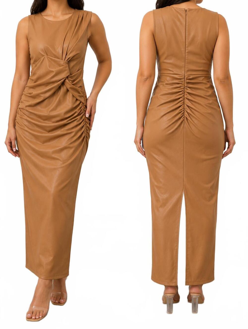 Express Women's Faux Leather Ruched Maxi Dress Size Large. Features A Sleeveless